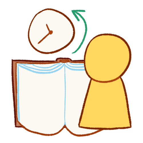 A drawing of an emoji yellow person in front of a large open book. Above the book is a clock with a green arrow going counter-clockwise around it and pointing to its back.